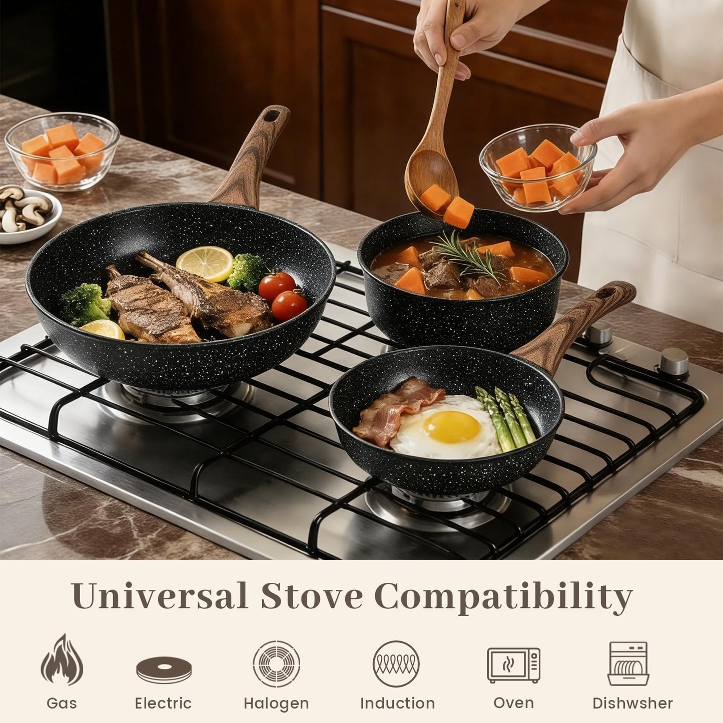 Colourcoco Frying Pans Skillet - 9 Pieces Nonstick Frying Pan Set Includes 3 Sizes (8"/ 10"/ 12"), PFOA Free, Induction & Oven Safe, Easy to Clean for Home Daily Cooking