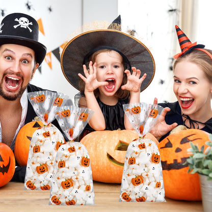 JarThenaAMCS 100Pcs Halloween Cellophane Bags with Twist Ties Ghost Pumpkin Treat Bag Clear Plastic Candy Goodie Bags for Birthday Party Favors Supplies