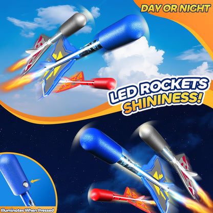 DULONIME Rocket Launcher for Kids with 4 LED Airplane Rockets and Tank Launcher, Outdoor Toys for Toddlers, Rockets for Kids Age 4-8, 2 3 4 5 Year Old Boy Birthday Gift, Launching up to 120+ Feet