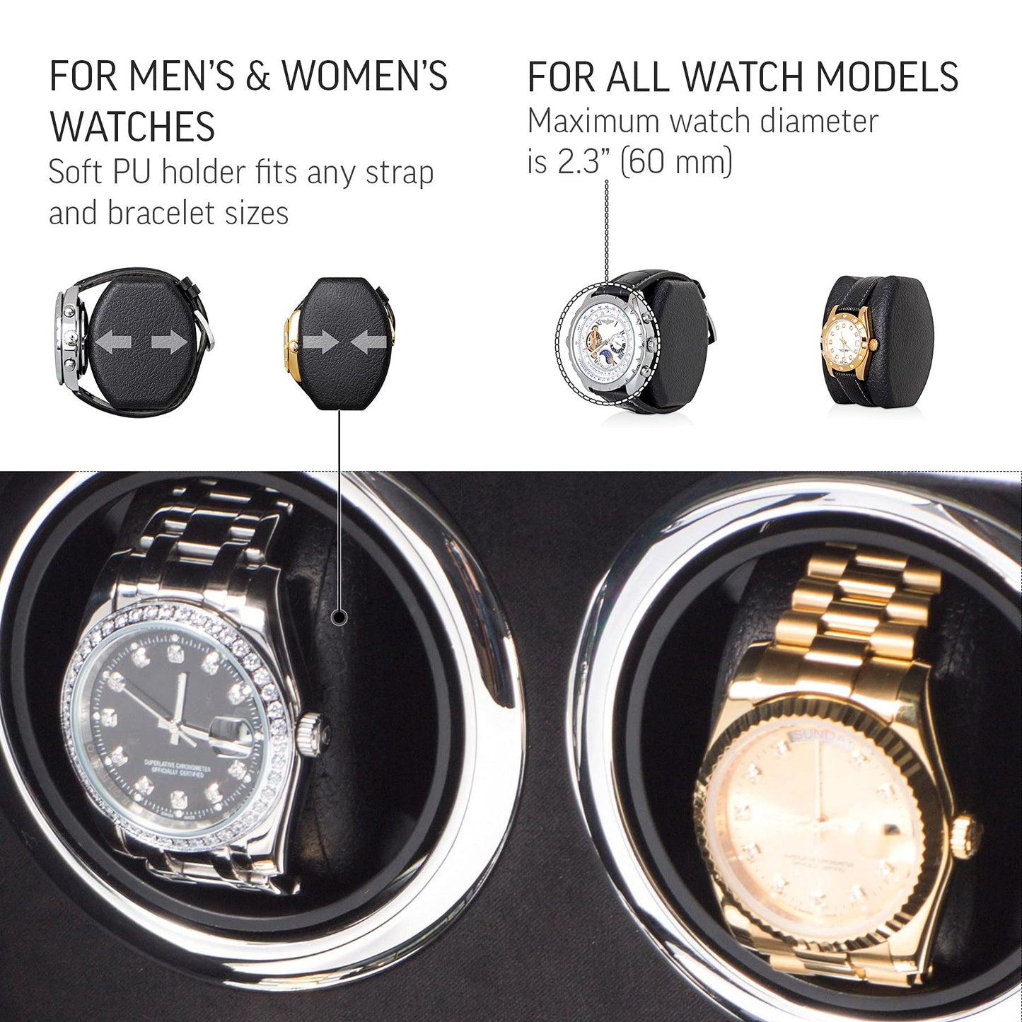 Watch Winder for 4 Watches with LED Backlight, LCD Display and Motor-Stop Option (White & Black)