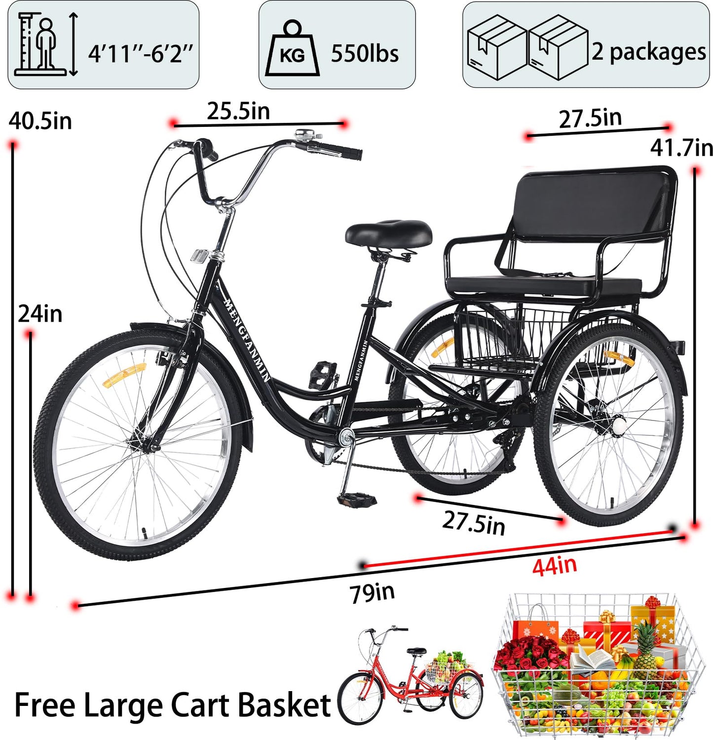 VHCLYBJU Adult Tricycle Foldable with Child seat 3 Wheel Bicycle for Ladies Tricycle with Basket with Back seat 20/24in Bikes Maximum Load 550lbs Shock Absorbing Fork Adult-Unisex (24in-7speed-black)
