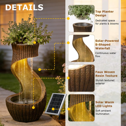 26.77" Tall Solar Water Fountain Outdoor Waterfall Feature, Modern Solar Powered Water Fountain with LED Lights & Planter Bowl for Garden, Patio, Yard, Porch, Deck, Backyard Decor