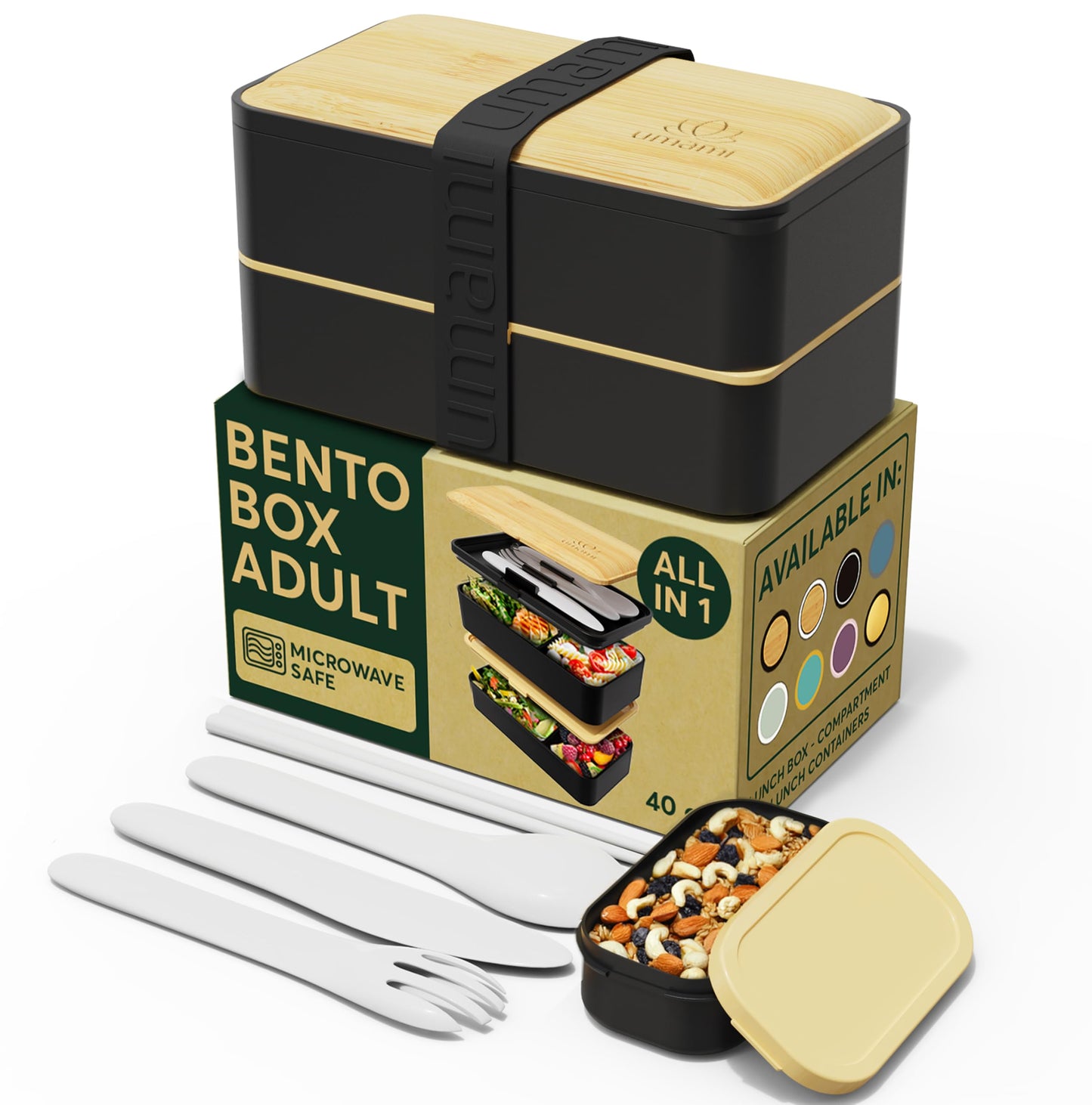 Umami Bento Box Adult All-In-1 w/4 Utensils, Big Sauce Jar, 2 Dividers, 100% Leakproof, Microwave & Dishwasher Safe Stackable Bento Lunch Box Containers for Men/Women, Black & Bamboo, 40 oz