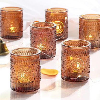 24pcs DEVI Vintage Amber Votive Candle Holders, Amber Glass Tea Lights Candle Holder for Baby Shower, Boho Wedding