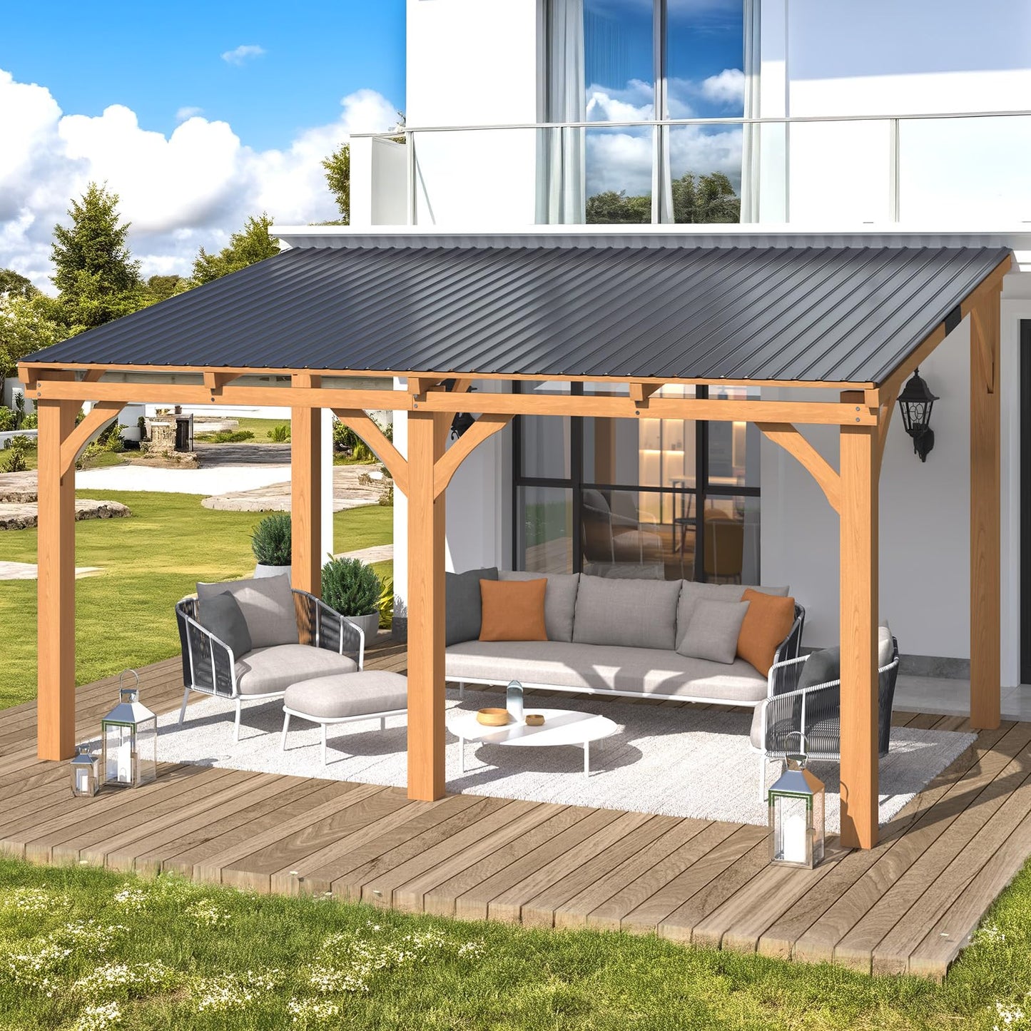 AECOJOY 10'x14' Outdoor Wood Ceder Gazebo for Patio, 14x10 Outdoor Lean to Hardtop Pergolas and Gazebos Clearance, Wall Mounted Wooden Gazebo Heavy Duty Metal Awnings for Patio, Decks, Backyard