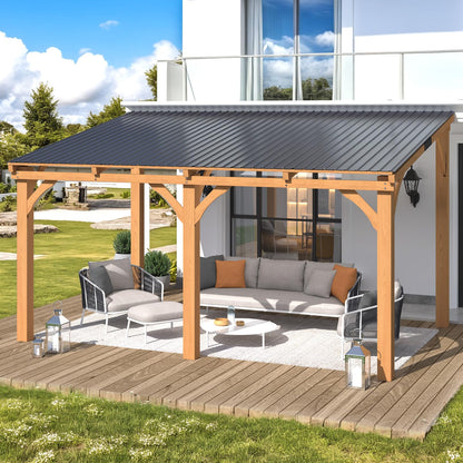 AECOJOY 10'x14' Outdoor Wood Ceder Gazebo for Patio, 14x10 Outdoor Lean to Hardtop Pergolas and Gazebos Clearance, Wall Mounted Wooden Gazebo Heavy Duty Metal Awnings for Patio, Decks, Backyard