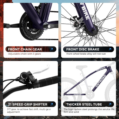 Incbruce 26 Inch Fat Tire Mountain Bike, High Carbon Steel Frame, 21 Speed MTB with Dual Disc Brakes for Men/Women/Adults (Purple)