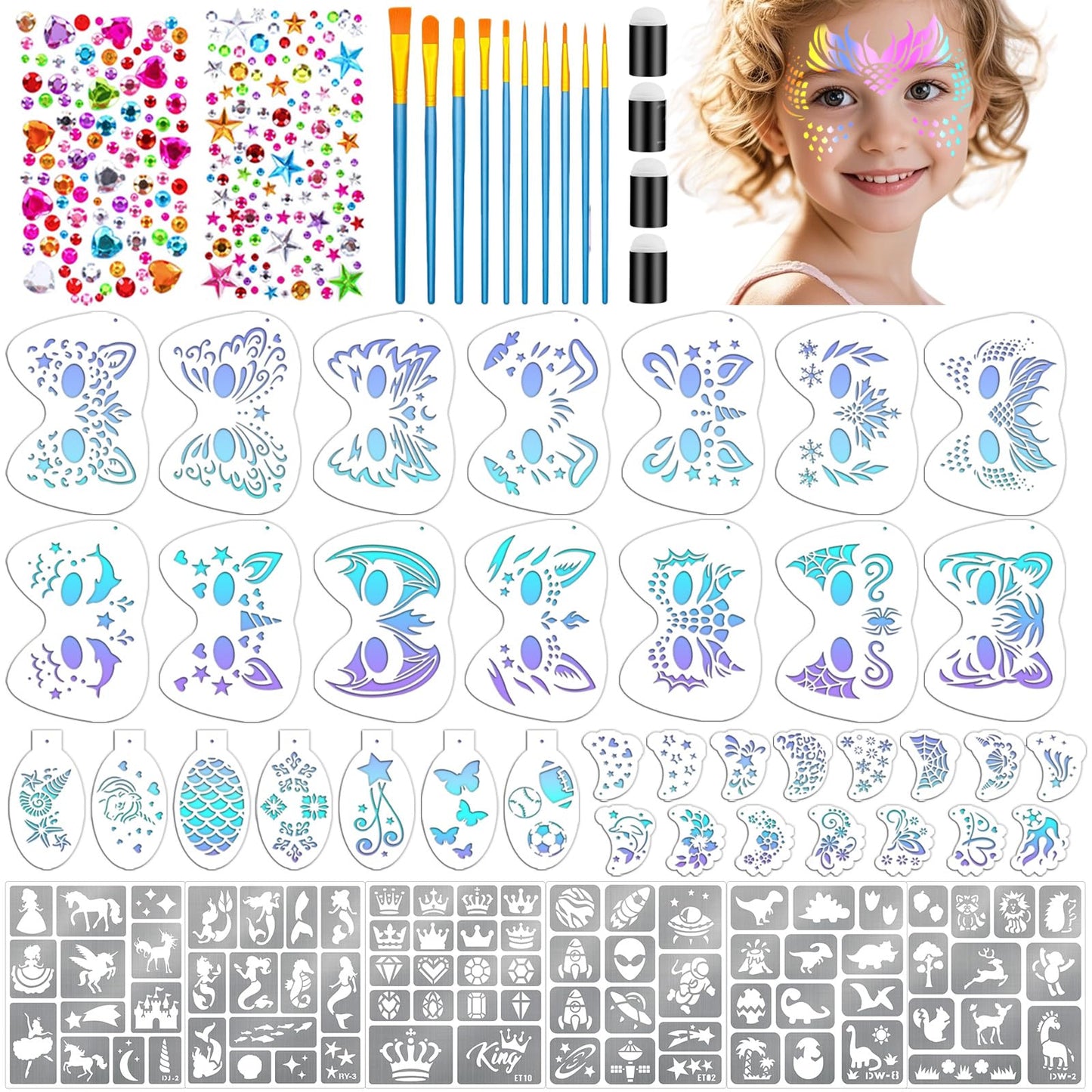 58PCS Face Paint Stencils Kit Includes 36 Reusable Facial Painting Stencils, 6 Sheets Tattoo Templates Stickers, 10 Brushes, 2 Pack Adhesive Gems, 4 Sponge for Halloween Festival Party Makeup