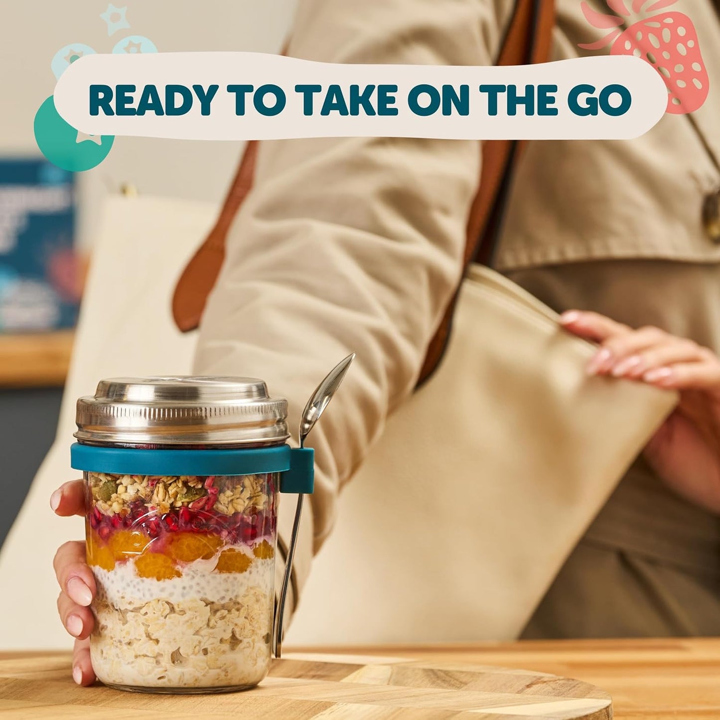 16oz Set 4 Pack Overnight Oats Containers with Lids & Spoons - Stainless Steel Lid Leakproof Glass Jars for Chia