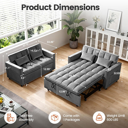 Trygoal 3 in 1 Convertible Sofa Bed, Love Seat Sleeper Bed with Side Pockets, Velvet Fabric Pull Out Couch with Adjustable Backrest for Living Room, Bedroom, Gray Apartment, Gray