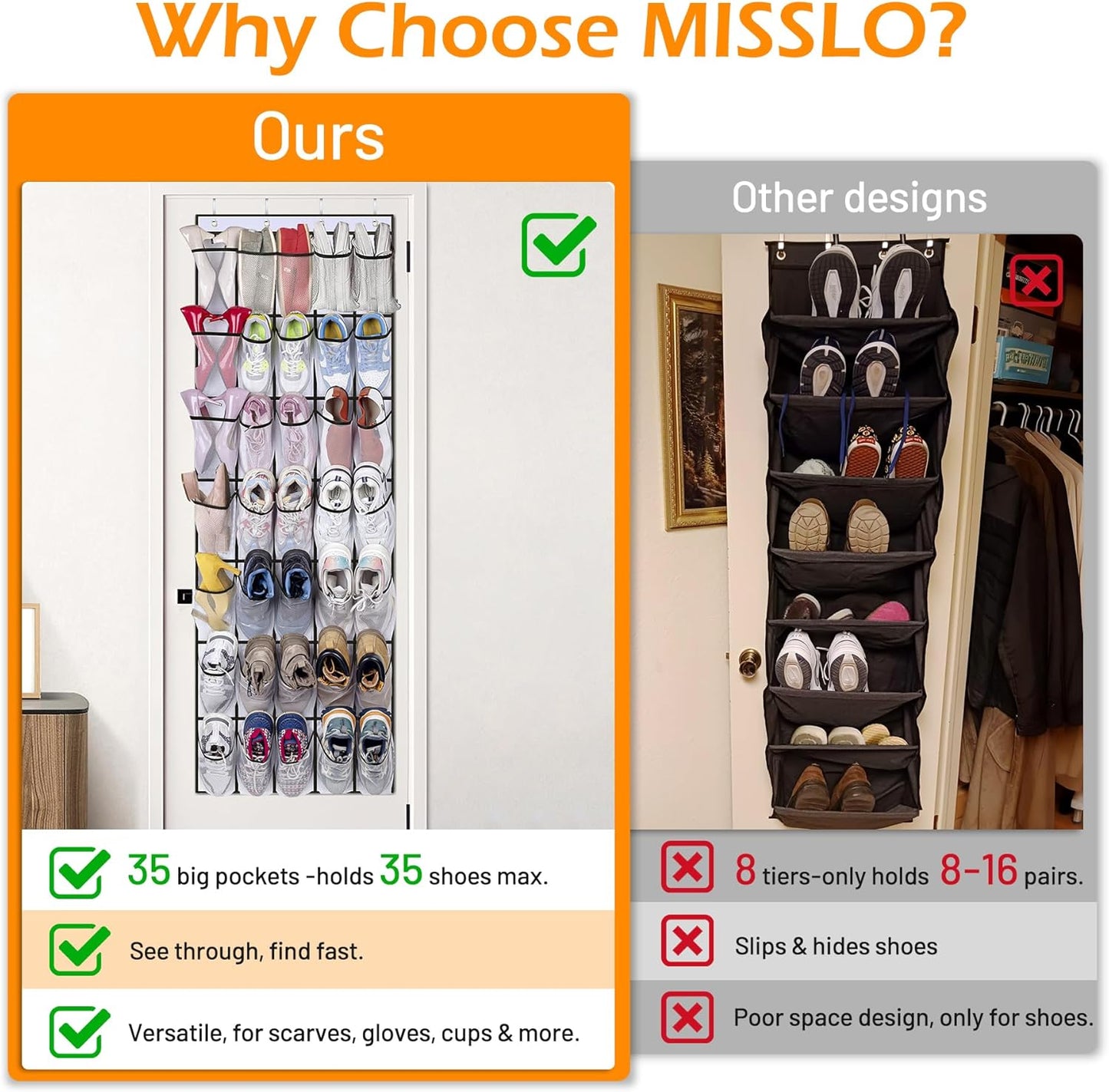 MISSLO Over The Door Shoe Organizer - 35 Large Pockets, Sturdy Oxford Fabric, White