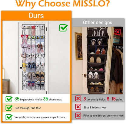 MISSLO Over The Door Shoe Organizer - 35 Large Pockets, Sturdy Oxford Fabric, White