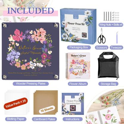 Joy&Grace Flower Press Kit for Adults, with Designed Cover and DIY Album, 10.9" x 10.9" 10 Layers Flower Preservation Kit, Plant Press and Large Plant Drying Toolkit (Color Box, Purple Navy)