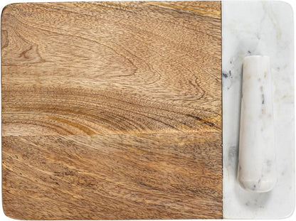 Creative Co-Op Mango Wood and Marble Cheese and Cutting Board with Inlaid Marble Pestle