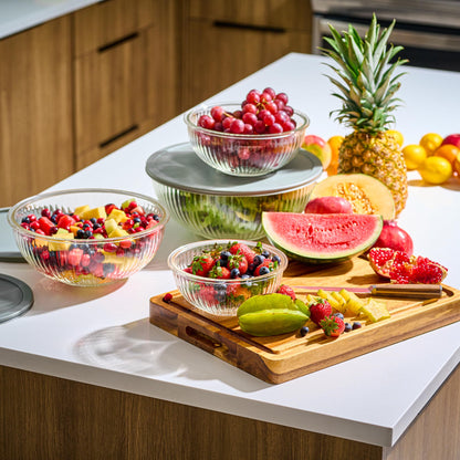 8pc Ribbed Glass Mixing Bowls with Leakproof Airtight Lids - BPA-Free Meal Prep Stackable Space Saving Nesting, Kitchen Baking Food Storage & Serving Containers - Microwave, Freezer, Dishwasher Safe.