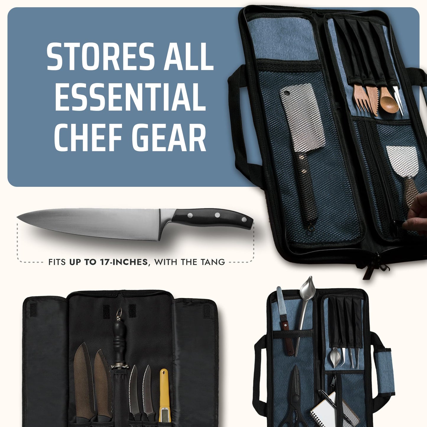 Asaya Chef Knife Roll Bag - 12-Pocket Chefs Case for Kitchen Knives and Utensils, Lightweight Stain-Resistant Waxed Nylon Chef Knife Bag - Knives Not Included (Blue)