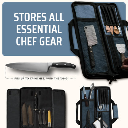 Asaya Chef Knife Roll Bag - 12-Pocket Chefs Case for Kitchen Knives and Utensils, Lightweight Stain-Resistant Waxed Nylon Chef Knife Bag - Knives Not Included (Blue)