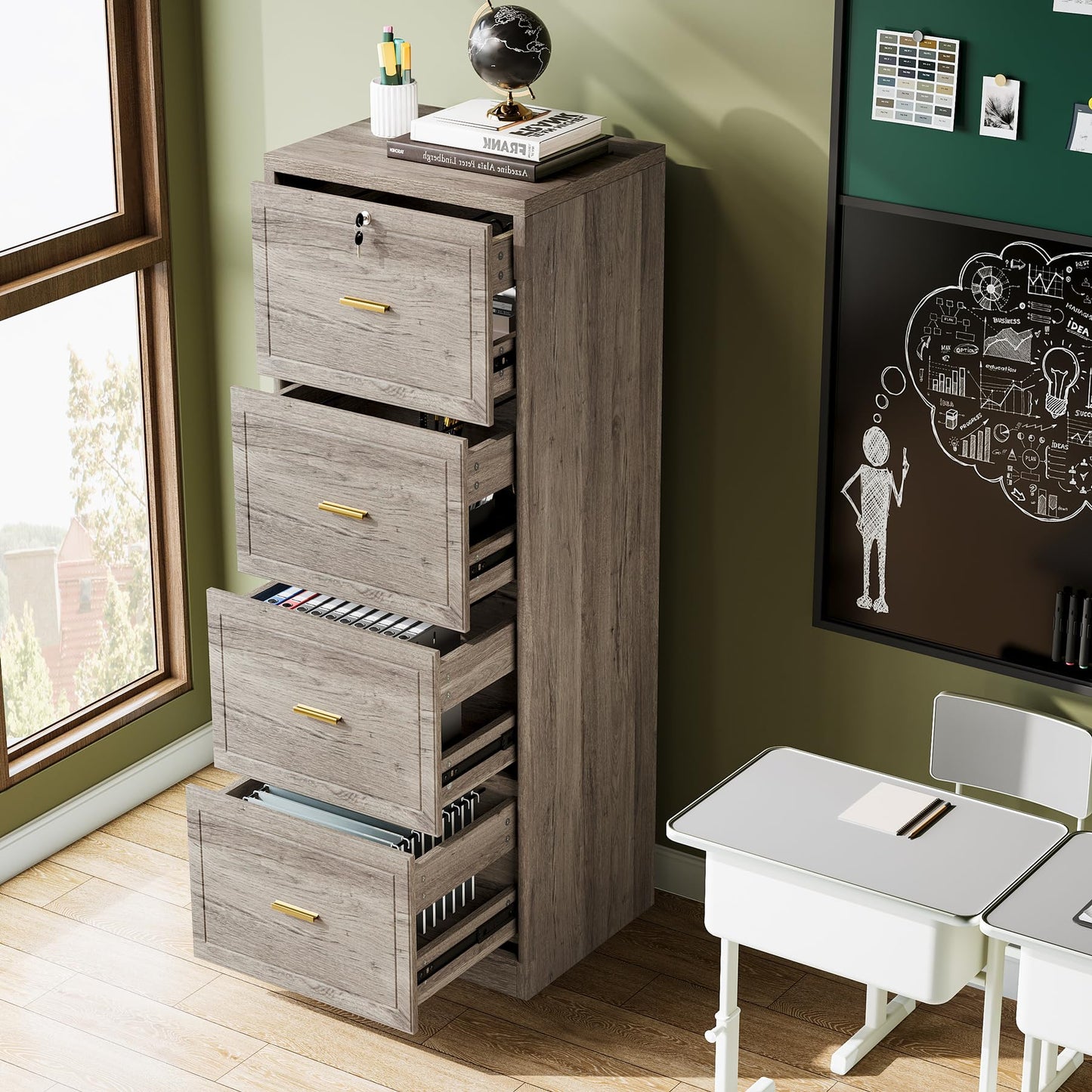 Tribesigns 4-Drawer File Cabinet with Lock, Locked File Cabinet with Key, Tall Wooden Filing Cabinets for Home Office, Vertical Office Storage for Legal Size/Letter/A4/Files, Grey
