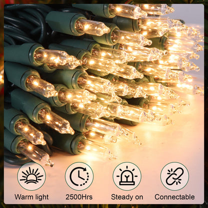 Meteds Christmas Lights 100 Count Warm White Mini String Lights Green Wire UL Certified, Connectable, 2 PCS