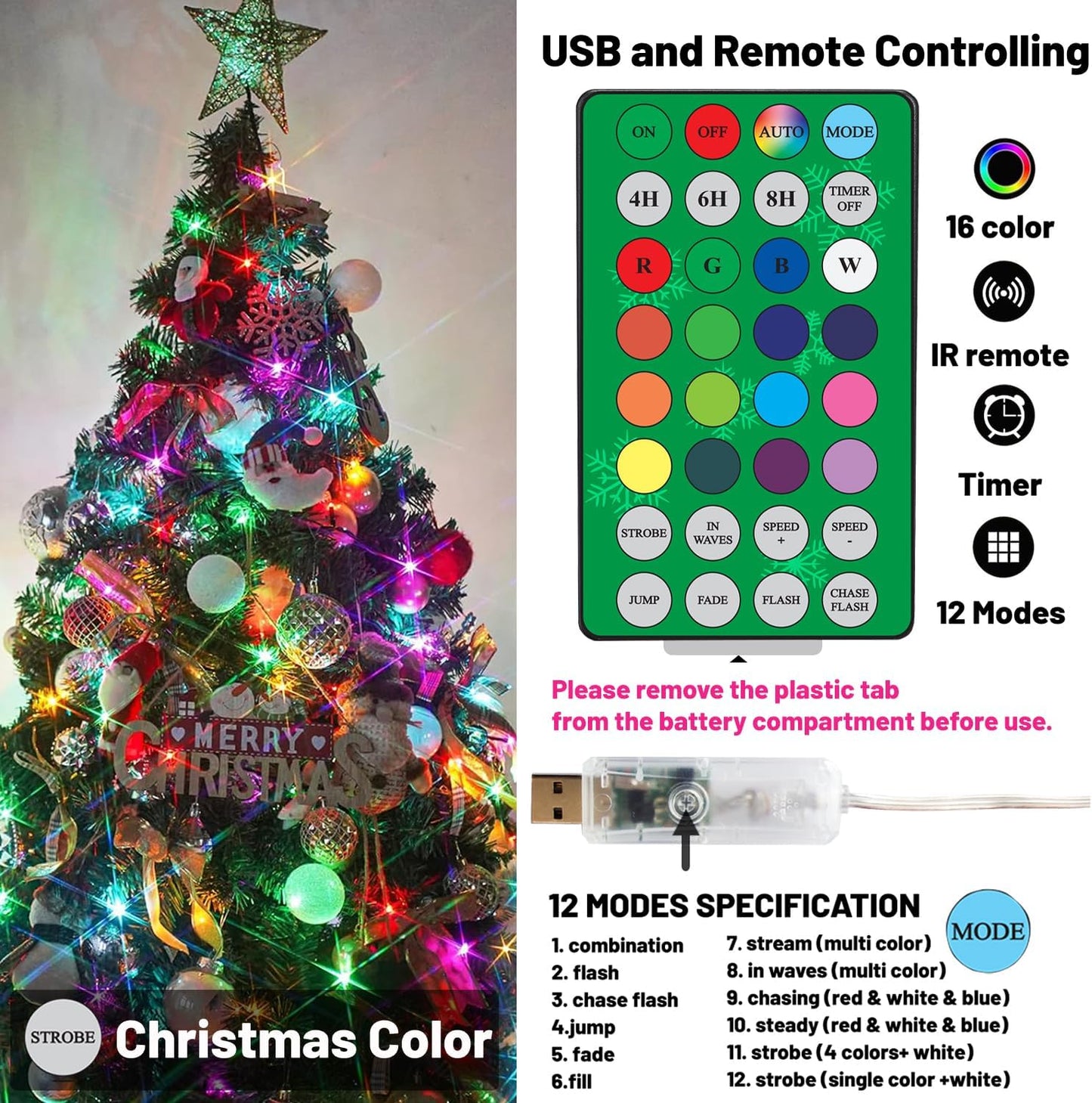 33ft 100 4th Color Changing Fairy String Lights, LED Twinkle Lights with Remote & Timer, Multicolor Outdoor Christmas