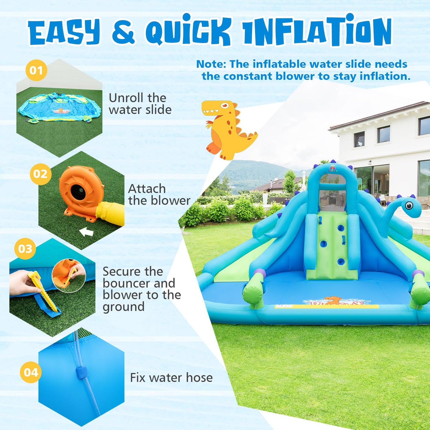 BOUNTECH Inflatable Water Slide Park with Dinosaur, Double Slides Mega Water Park Bounce House with Climbing Wall, Bouncy Castle for Outdoor Backyard, Blow up Water Slides Inflatables for Big Kids