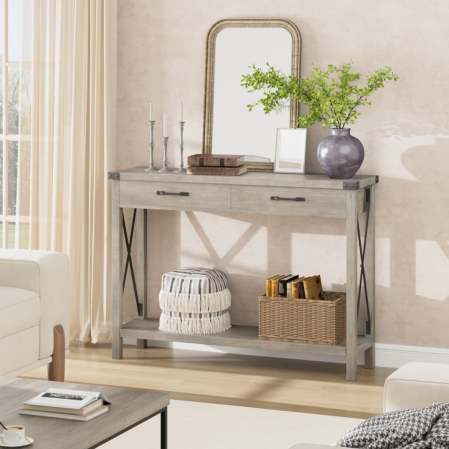 IDEALHOUSE Console Table with 2 Drawers, Farmhouse Entryway Table with Storage Shelf, Accent Wood Sofa Table for Living Room, Hallway, Foyer-Grey (WCT001)