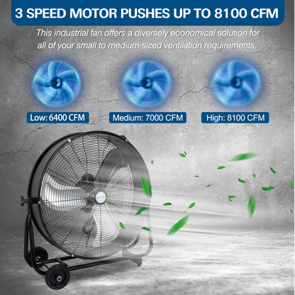 BILT HARD 24" 8100 CFM High Velocity Drum Fan, 3 Speeds Heavy Duty Tilt Metal Floor Shop Fan, Commercial Industrial Use for Garage, Factory, Warehouse, Black