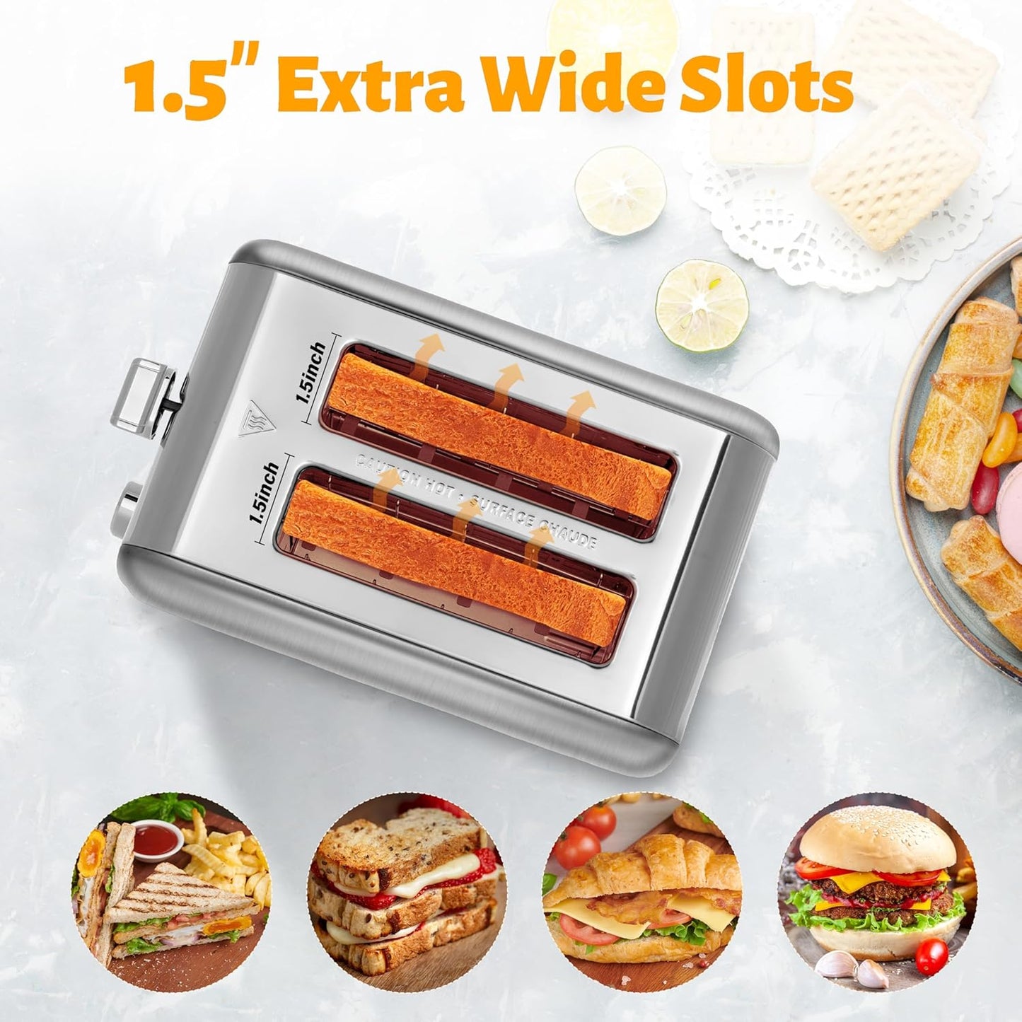 YSSOA 2 Slice Stainless Steel Toaster, Extra Wide Slot & Removable Crumb Tray, Retro Compact Oven, Silver