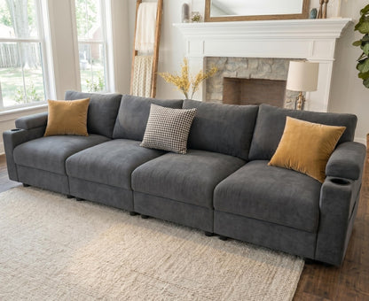 Sectional Couches for Living Room FSC Certified Velvet Modular Couch Oversized Cloud U Shaped Convertible Sleeper Sofa Chaise Detachable Armrest Cushion (Velvet Grey, 4 Seat)