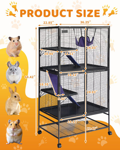 Garvee Metal Small Animal Cage,64 in H Ferret Cage for Small Animals - 4 Tier Large Hamster Cage with Removable Ramp, Hammock, Extra Storage Stand,Removable Tray for Ferret, Chinchilla, Hamster