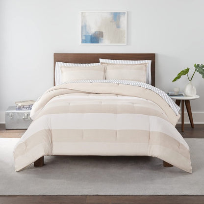 Serta Simply Clean Billy Soft 7 Piece Textured Stripe Bed in a Bag Complete Bedding Comforter Set with Sheets and Pillow Cases for All Season, Full, Natural