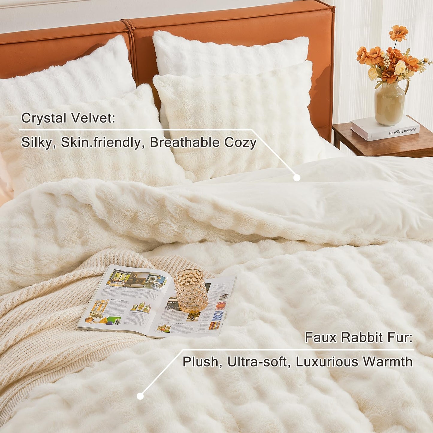 EMME Faux Fur Duvet Cover King Size, 3 Pieces Ultra Soft Fluffy Comforter Cover, Cozy Warm for Winter, Luxury Elegant Shaggy Bubble Design Bedding, 1 Duvet Cover & 2 Pillow Shams (King, Cream White)