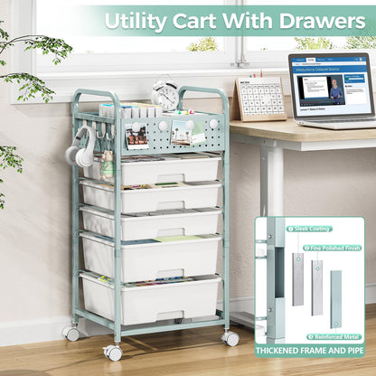 5 Drawer Rolling Storage Cart with Pegboard Top and Hooks, Mobile Utility Organizer with Wheels for Office Supplies, Craft Storage, Classroom Organization, Home Storage Cart, Green