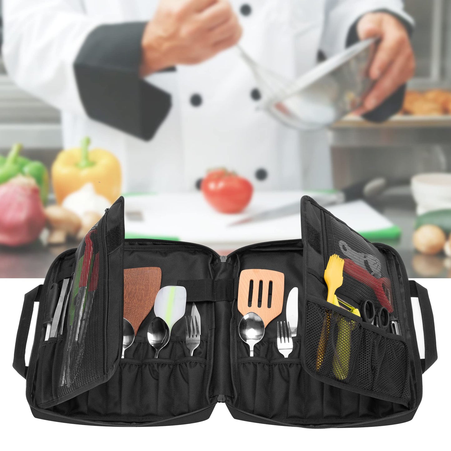 samdew Chef Knife Bag with 20+ Slots, Professional Chef Storage Case with Lockhole & Multiple Pockets, Knife Carrier Travel Knife Roll Bag for Kitchen Tools & Chef Utensils, Patent Design, Bag Only