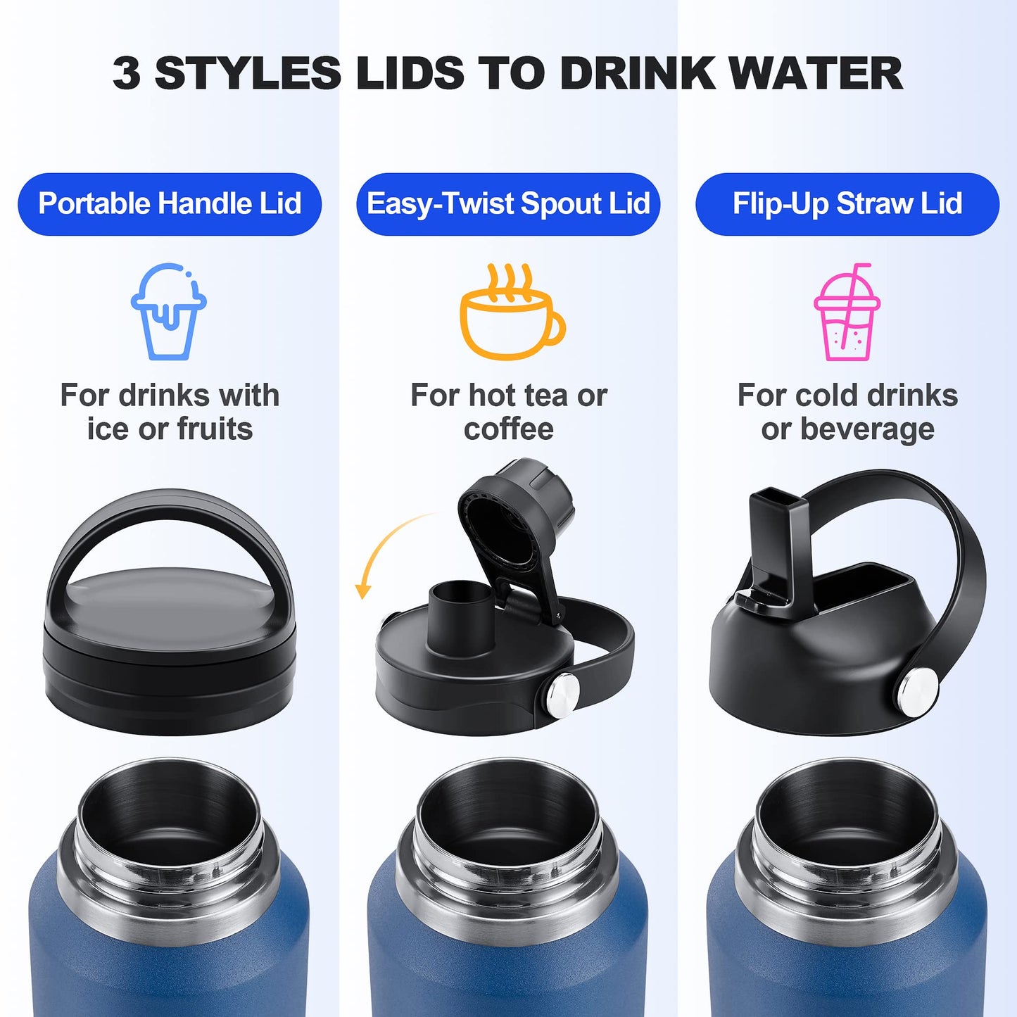 HYDROWION 40 oz Insulated Water Bottle with Straw fit in Car Cup Holder(Cold 48 hrs, Hot 24 hrs) Drinking Bottle with Straw Lid, Spout Lid and Flex Cap Leakproof Travel Thermo Mug，Black