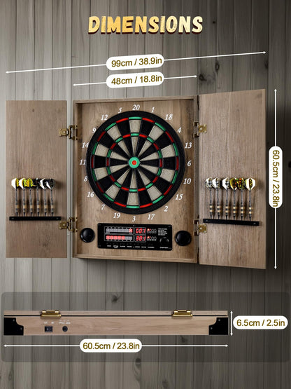 Yirinatek Electronic Dart Board, Decorative Dart Board Cabinet Set for Adults [12*Bronze Soft Tip Darts] [Cricket Game Mode] - Wooden Electric Dartboard Cabinet - Retro Case