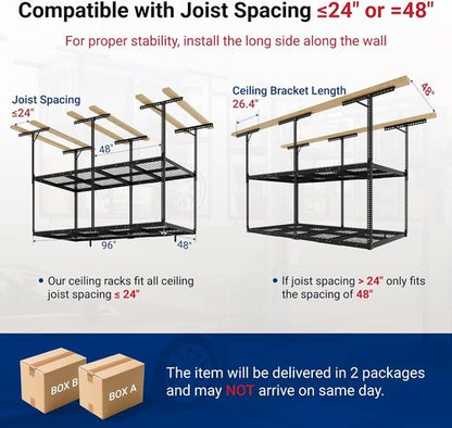FLEXIMOUNTS 4x8 Overhead Garage Storage Rack - Adjustable Heavy-Duty Metal | 1000 lbs Capacity, Black