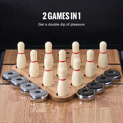 VEVOR Shuffleboard Table, 9 ft Shuffleboard for Family Game Rooms, 2 in 1 Shuffleboard and Bowling Combo Game Set, with Scratch-Resistant Playfield, Legs, 8 Pucks, Bowling Set, Wax, and Table Brush
