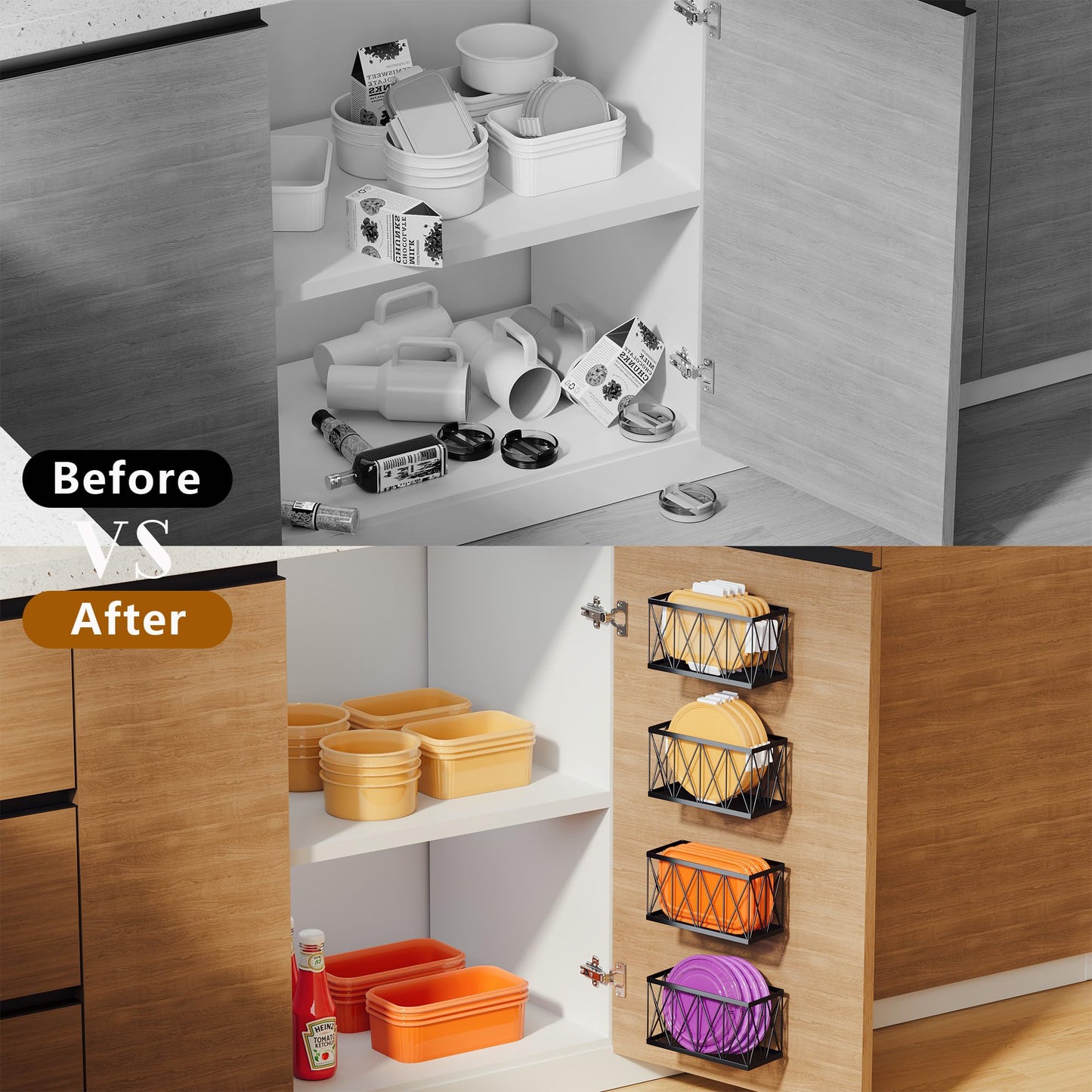 MIXISAV 4 Pack Cabinet Door Organizer, Adhesive Inside Cabinet Door Storage for Kitchen Bathroom, Lid Organizer Compatible with Tupperware Pyrex, Wall Mounted Basket for Pantry Under Sink, Black