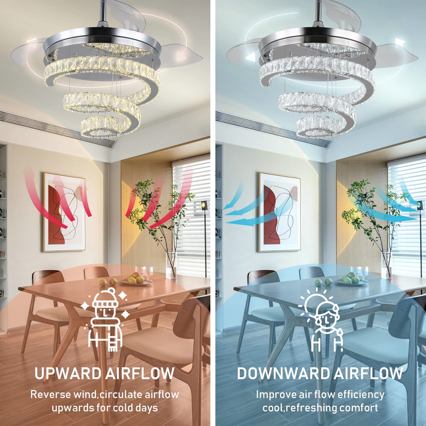 FRIXCHUR 42" Crystal Chandelier Ceiling Fans with Lights and Remote Dimmable Fandelier Retractable Crystal Ceiling Fans 3 Rings Invisible Blades Crystal Ceiling Fans for Bedroom Living Room 30W*2