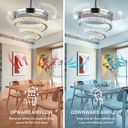 FRIXCHUR 42" Crystal Chandelier Ceiling Fans with Lights and Remote Dimmable Fandelier Retractable Crystal Ceiling Fans 3 Rings Invisible Blades Crystal Ceiling Fans for Bedroom Living Room 30W*2