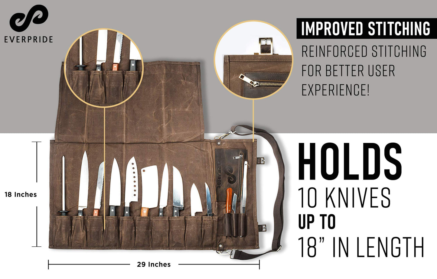 EVERPRIDE Waxed Canvas and Leather Chef Knife Roll Bag – Chef Bag Holds 10 Knives up to 15” PLUS Pocket for Cooking Accessories – Durable Knife Case for Professional Chefs – Knives Not Included