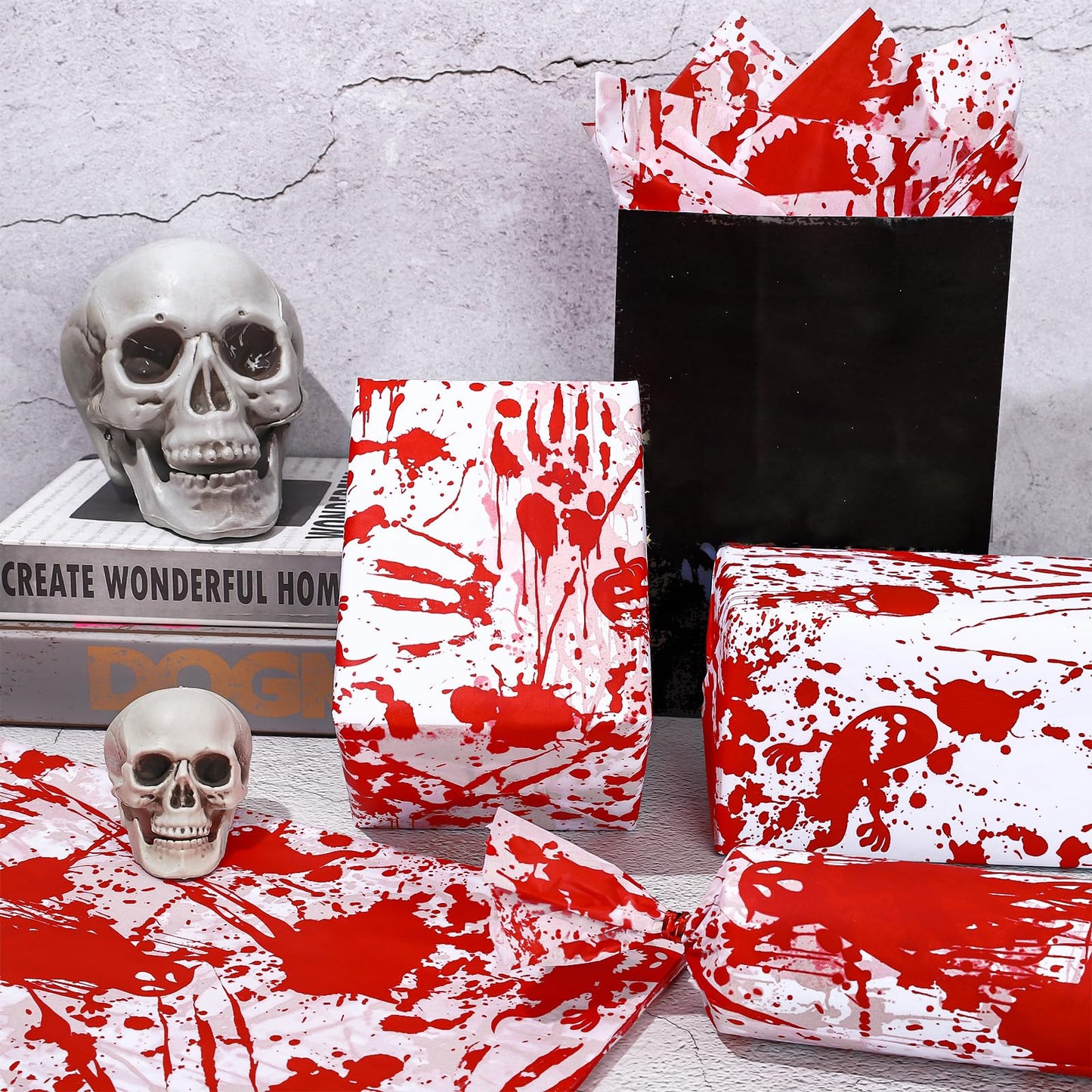 AnyDesign Halloween Bloody Tissue Paper Bloody Handprint Ghost Pumpkin Gift Wrapping Paper Horror Wrap Tissue Paper for Gift Wrapping Halloween Birthday Party Favor, 13.8 x 19.7 Inch, 60 Sheet