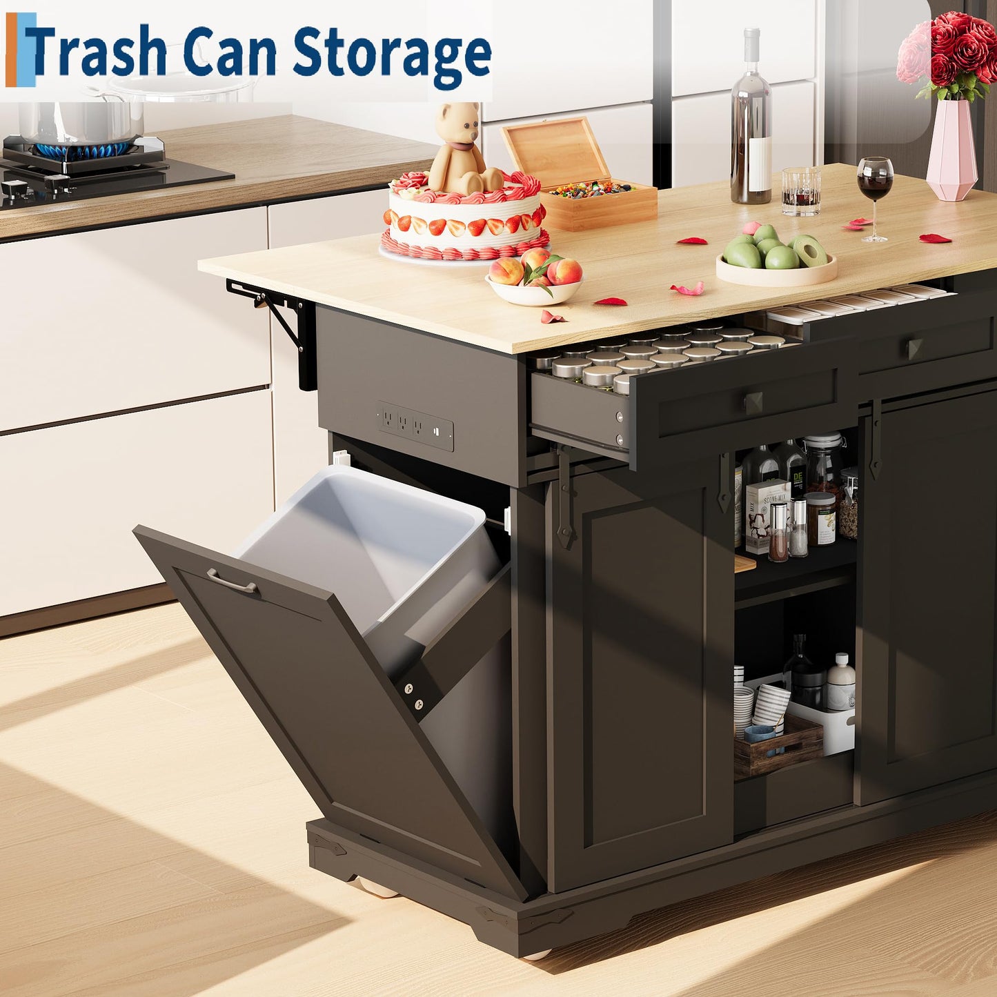 Large Rolling Kitchen Island with Power Outlet, Mobile Kitchen Cart on Wheels with Drop Leaf, 3 Drawers, Trash Can Storage, Spice Rack, Towel Holder, Kitchen Island Table for Dining Room, Home, Black