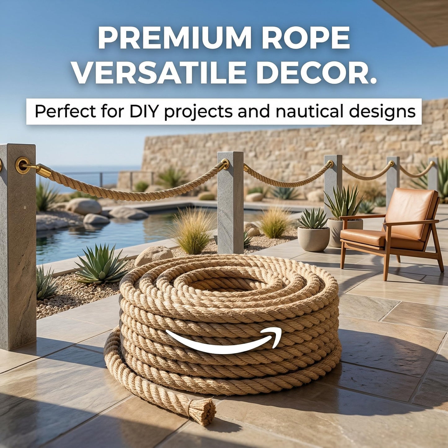 Hemp Rope - 3/4 Inch × 100 Feet - Natural Jute Twisted Manila Rope for Crafts, Hammock, Railing, Decorating