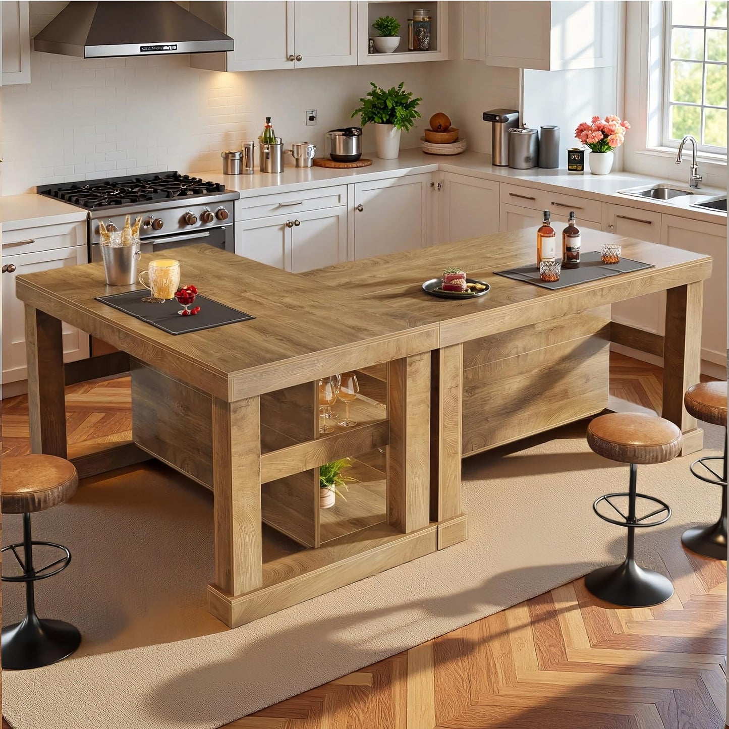 Tribesigns Kitchen Island with Storage, 55-Inch Farmhouse Stationary Island Table with Large Countertop, 3-Tier Wooden Home Bar Table for Kitchen, Dining Room, Rustic Brown