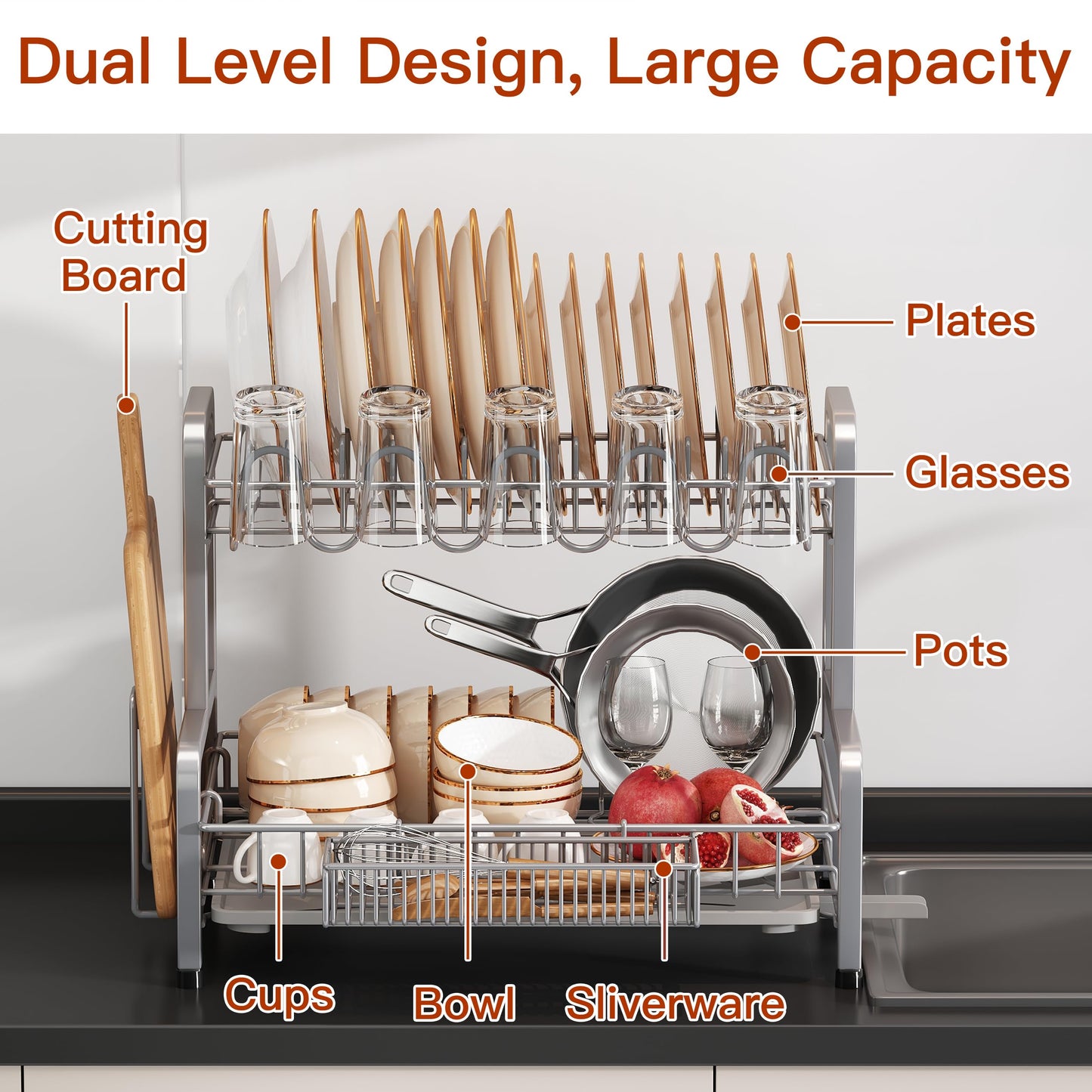 2 Tier Dish Drainer Drying Rack for Kitchen Counter, Large Stainless Steel Dishes Dryer with Drainboard, Space Saving, Big Rustproof Metal Modern Countertop Plates Strainer with Utensil Holder, Sliver