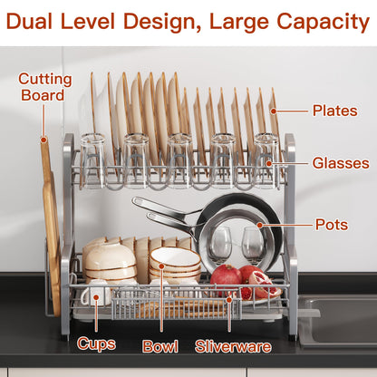 2 Tier Dish Drainer Drying Rack for Kitchen Counter, Large Stainless Steel Dishes Dryer with Drainboard, Space Saving, Big Rustproof Metal Modern Countertop Plates Strainer with Utensil Holder, Sliver