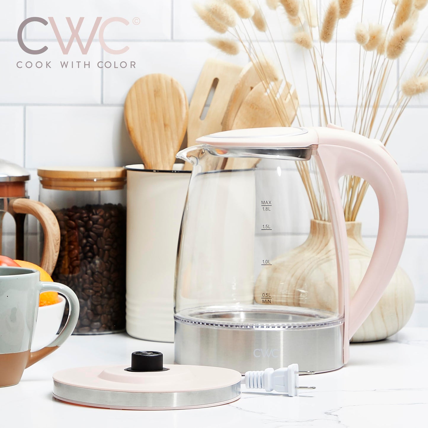 COOK WITH COLOR Electric Tea Kettle, 1.8L Cordless Hot Water Boiler, 1200W Rapid Boil, Auto Shutoff & Boil Dry Protection, BPA-Free, Sleek Countertop Design, Blush