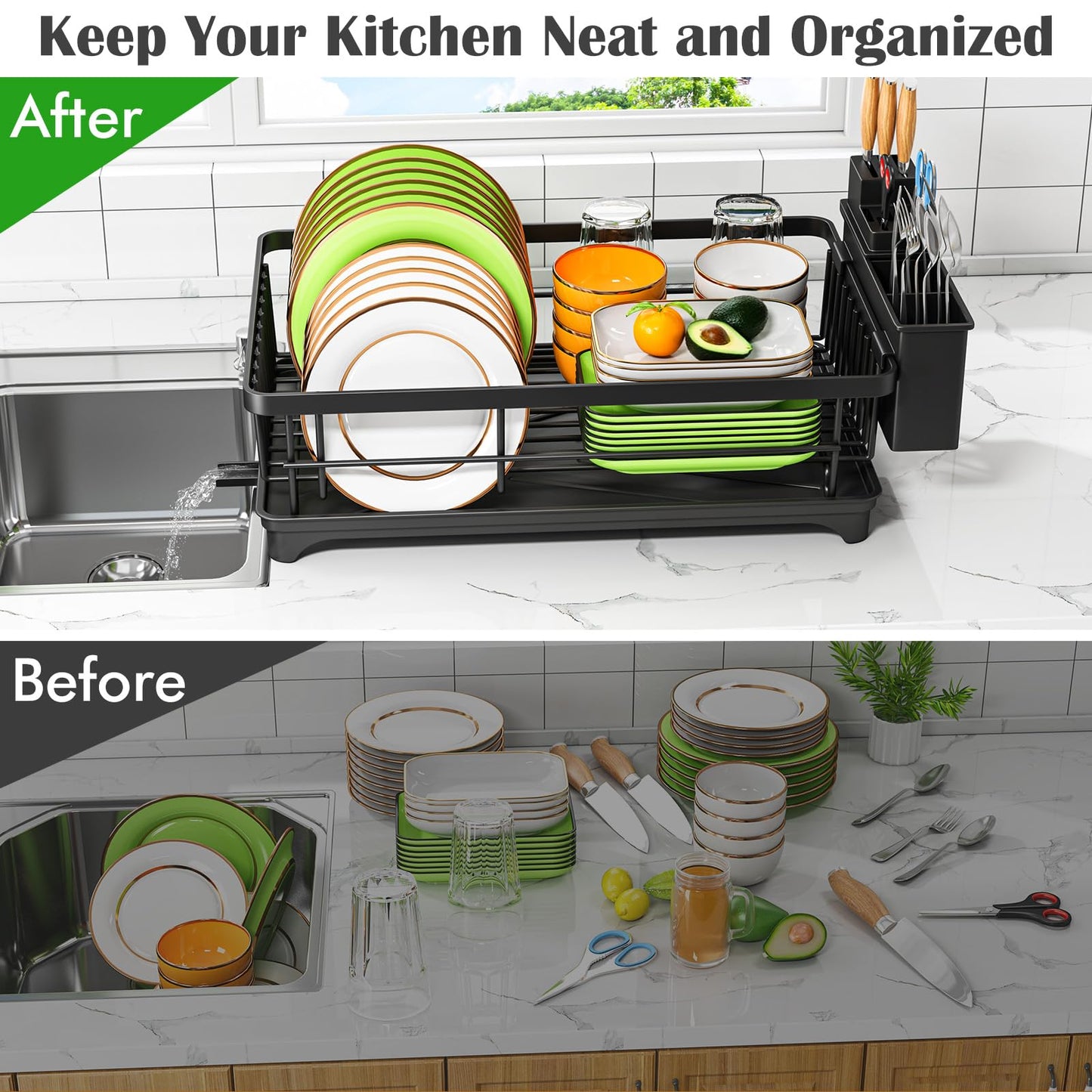 Kmiectse Dish Drying Rack - Space-Saving Small Dish Rack for Kitchen Counter, Rust-Resistant Kitchen Drying Rack, Compact Dish Drainer Organizer with Utensil Holder for Home Kitchen, Black